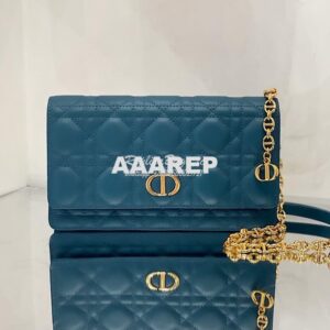 Replica Dior Caro Belt Pouch With Chain in Steel Blue Supple Cannage C