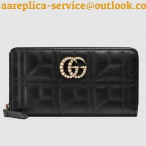 Replica Gucci Black GG Marmont Zip Around Wallet With Pearls