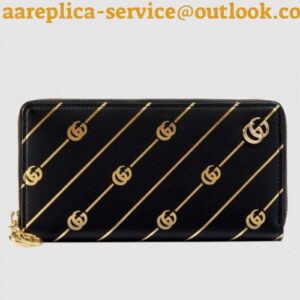 Replica Gucci Black Zip Around Wallet With Double G stripe