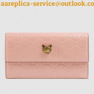 Replica Gucci Continental Wallet With Cat In Pink Signature Leather