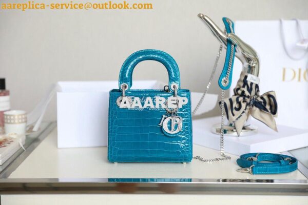 Replica Dior Crocodile Leather Mini Lady Dior Bag with Crystals in Blu