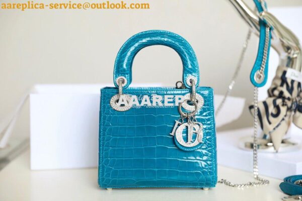 Replica Dior Crocodile Leather Mini Lady Dior Bag with Crystals in Blu 4