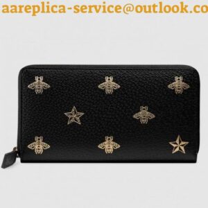 Replica Gucci Bee Star Zip Around Wallet In Black Leather