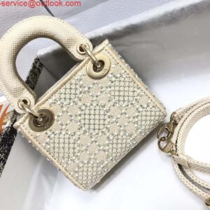 Replica Dior M0505 Mini Dior Lady Bag Apricot Metallic Cannage Lambskin with Embroidered Beads