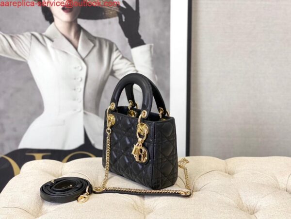 Replica Dior M0505 Mini Dior Lady Bag Black Cannage lambskin Gold 3