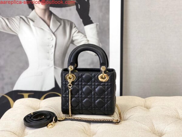 Replica Dior M0505 Mini Dior Lady Bag Black Cannage lambskin Gold 4