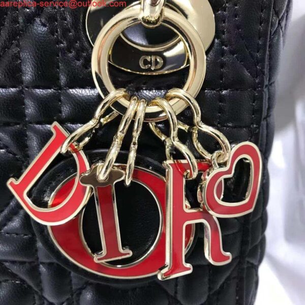 Replica Dior M0505 Mini Dior Lady Bag Black Cannage lambskin Gold with Red Logo 7