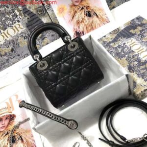 Replica Dior M0505 Mini Dior Lady Bag Black Cannage lambskin Sliver