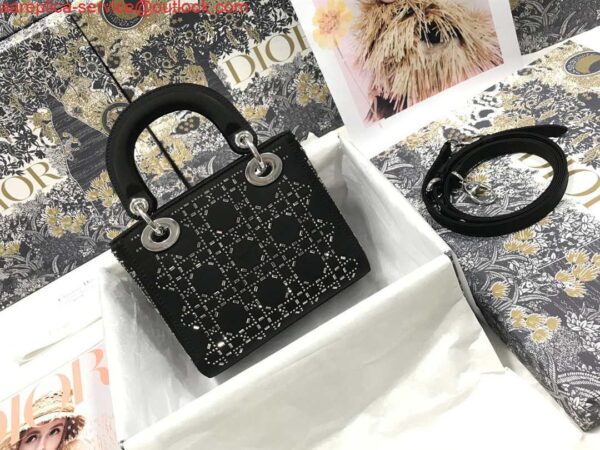 Replica Dior M0505 Mini Dior Lady Bag Black Metallic Cannage Lambskin with Beaded Embroidery