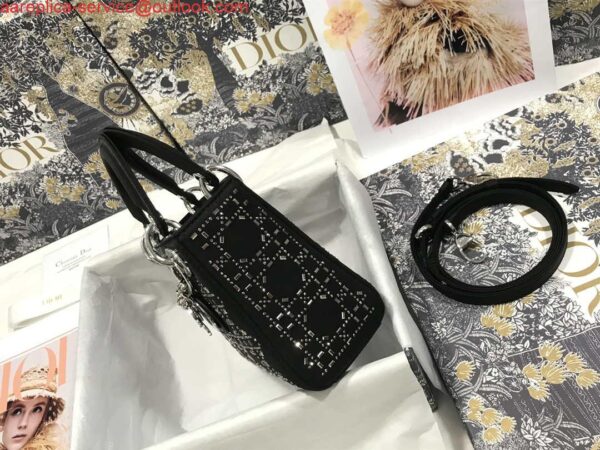 Replica Dior M0505 Mini Dior Lady Bag Black Metallic Cannage Lambskin with Beaded Embroidery 2