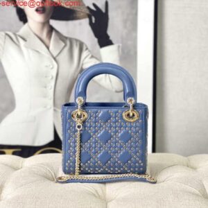 Replica Dior M0505 Mini Dior Lady Bag Blue Metallic Cannage Lambskin with Beaded Embroidery 2