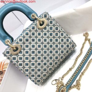 Replica Dior M0505 Mini Dior Lady Bag Blue Metallic Cannage Lambskin with Embroidered Check Beads