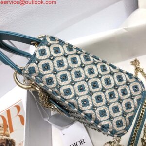 Replica Dior M0505 Mini Dior Lady Bag Blue Metallic Cannage Lambskin with Embroidered Check Beads 2