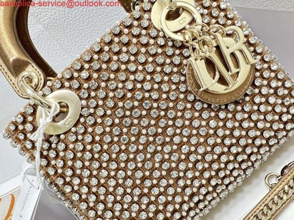 Replica Dior M0505 Mini Dior Lady Bag Gold Embroidered white resin beads 4