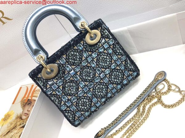 Replica Dior M0505 Mini Dior Lady Bag Metallic Calfskin and Satin with Celestial Blue Bead Embroidery