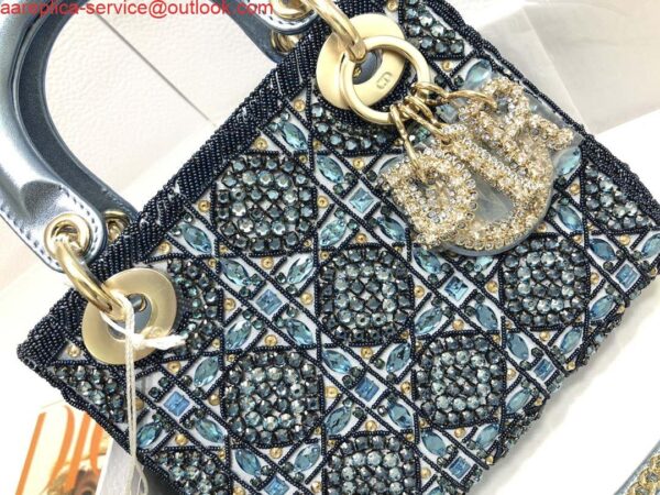 Replica Dior M0505 Mini Dior Lady Bag Metallic Calfskin and Satin with Celestial Blue Bead Embroidery 4