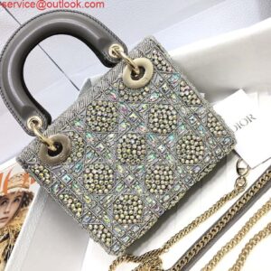 Replica Dior M0505 Mini Dior Lady Bag Metallic Calfskin and Satin with Gray Resin Pearl Embroidery