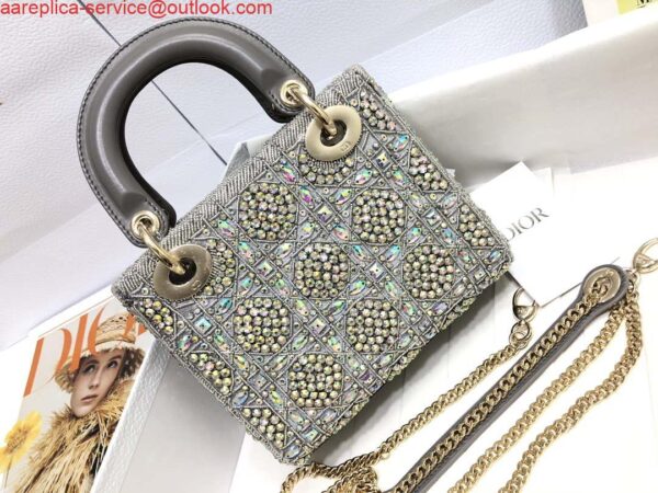 Replica Dior M0505 Mini Dior Lady Bag Metallic Calfskin and Satin with Gray Resin Pearl Embroidery 3