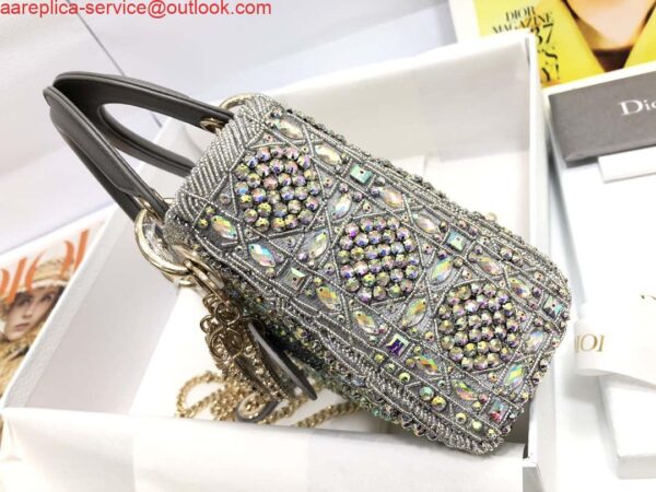 Replica Dior M0505 Mini Dior Lady Bag Metallic Calfskin and Satin with Gray Resin Pearl Embroidery 4