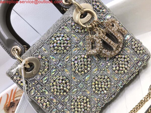 Replica Dior M0505 Mini Dior Lady Bag Metallic Calfskin and Satin with Gray Resin Pearl Embroidery 4