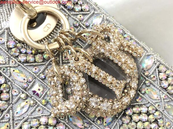 Replica Dior M0505 Mini Dior Lady Bag Metallic Calfskin and Satin with Gray Resin Pearl Embroidery 7