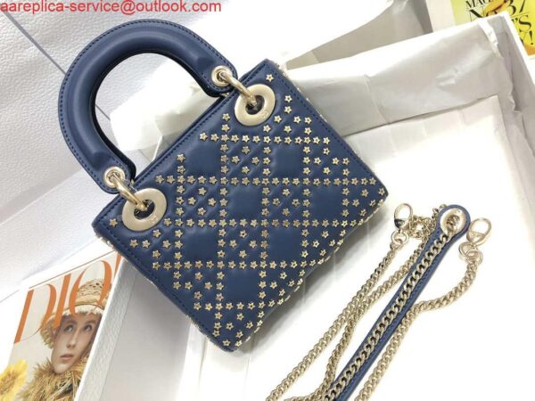 Replica Dior M0505 Mini Dior Lady Bag Navy Blue Metallic Cannage Lambskin with Beaded Embroidery