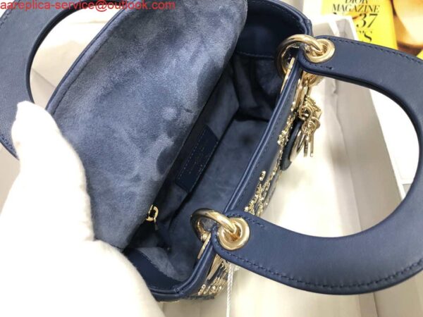 Replica Dior M0505 Mini Dior Lady Bag Navy Blue Metallic Cannage Lambskin with Beaded Embroidery 9