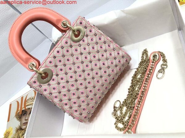 Replica Dior M0505 Mini Dior Lady Bag Pink Metallic Cannage Lambskin with Embroidered Check Beads 3