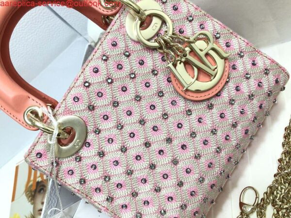 Replica Dior M0505 Mini Dior Lady Bag Pink Metallic Cannage Lambskin with Embroidered Check Beads 6