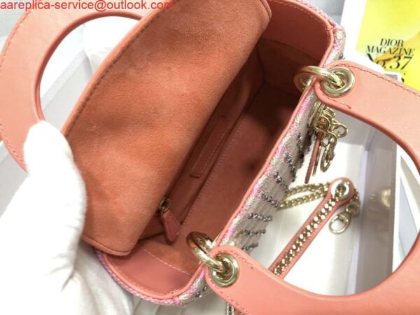 Replica Dior M0505 Mini Dior Lady Bag Pink Metallic Cannage Lambskin with Embroidered Check Beads 9