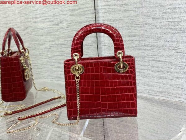 Replica Dior M0505 Mini Dior Lady Bag Wine Red Cannage Crocodile Gold 6