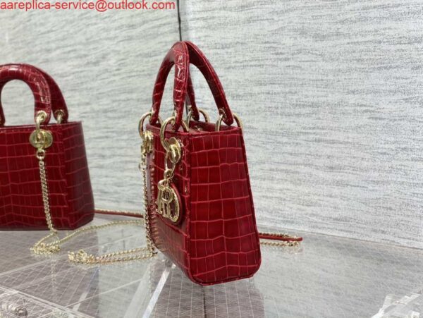 Replica Dior M0505 Mini Dior Lady Bag Wine Red Cannage Crocodile Gold 7