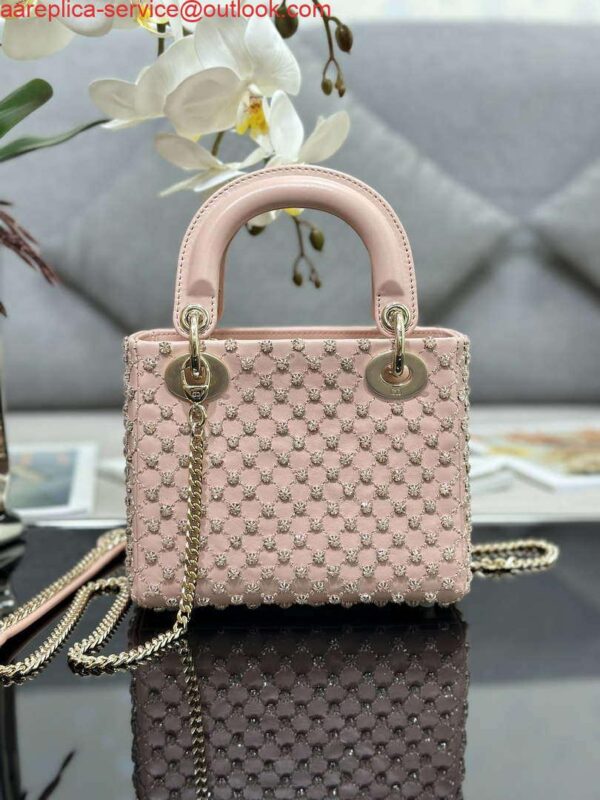 Replica Dior M0505 Mini Lady Bag Metallic Cannage Lambskin Embroidery plum blossom beads Pink 3