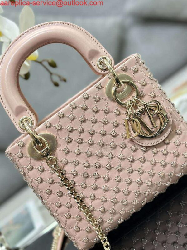 Replica Dior M0505 Mini Lady Bag Metallic Cannage Lambskin Embroidery plum blossom beads Pink 6