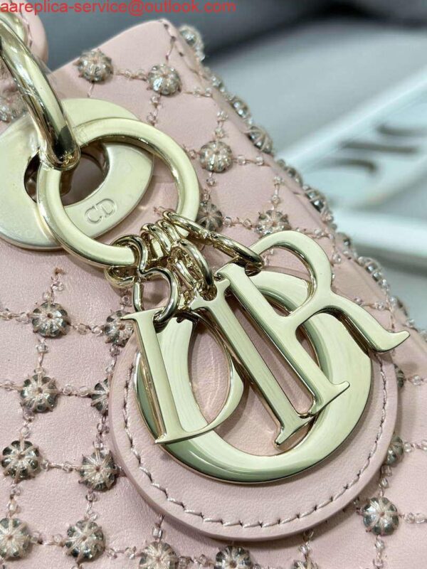 Replica Dior M0505 Mini Lady Bag Metallic Cannage Lambskin Embroidery plum blossom beads Pink 7