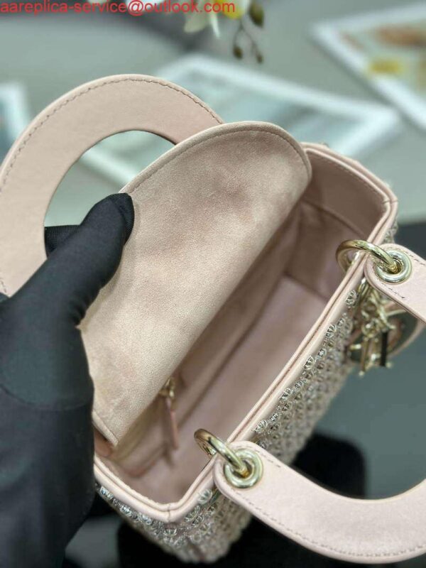 Replica Dior M0505 Mini Lady Bag Metallic Cannage Lambskin Embroidery plum blossom beads Pink 9