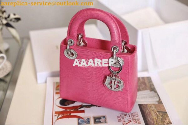 Replica Dior Lizard Leather Mini Lady Dior Bag with Crystals in Pink 3