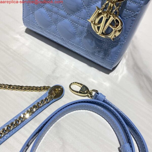 Replica Dior M0505 Mini Lady Dior Bag chrysanthemum Blue Patent Cannage Calfskin 10