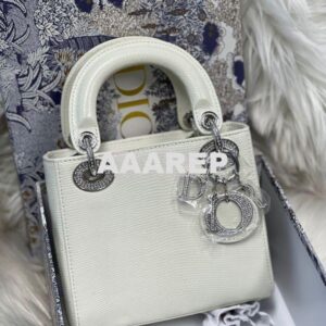Replica Dior Lizard Leather Mini Lady Dior Bag with Crystals in White