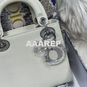Replica Dior Lizard Leather Mini Lady Dior Bag with Crystals in White 2