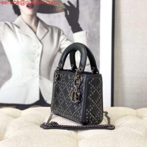 Replica Dior Mini Dior Lady Bag Navy Black Metallic Cannage Lambskin with Beaded Embroidery M0505 Black