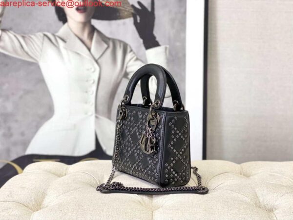 Replica Dior Mini Dior Lady Bag Navy Black Metallic Cannage Lambskin with Beaded Embroidery M0505 Black 3