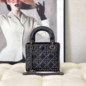 Replica Dior Mini Dior Lady Bag Navy Black Metallic Cannage Lambskin with Beaded Embroidery M0505 Black 2