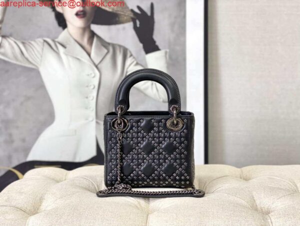 Replica Dior Mini Dior Lady Bag Navy Black Metallic Cannage Lambskin with Beaded Embroidery M0505 Black 4