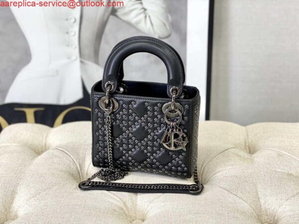 Replica Dior Mini Dior Lady Bag Navy Black Metallic Cannage Lambskin with Beaded Embroidery M0505 Black 5