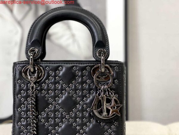 Replica Dior Mini Dior Lady Bag Navy Black Metallic Cannage Lambskin with Beaded Embroidery M0505 Black 6