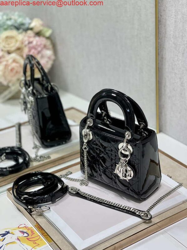 Replica Dior Mini Lady Dior Bag M0505 Black Patent Cannage Calfskin Silver 6