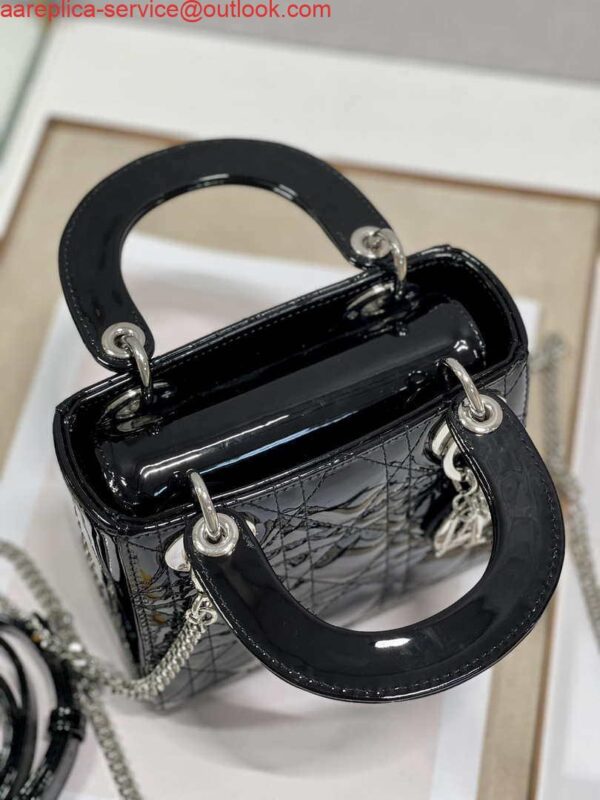 Replica Dior Mini Lady Dior Bag M0505 Black Patent Cannage Calfskin Silver 8