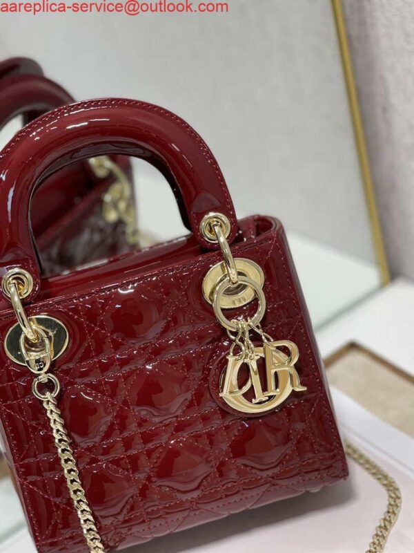 Replica Dior Mini Lady Dior Bag M0505 Maroon Patent Cannage Calfskin 3