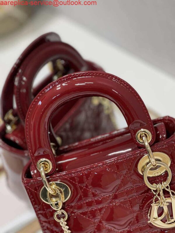 Replica Dior Mini Lady Dior Bag M0505 Maroon Patent Cannage Calfskin 4